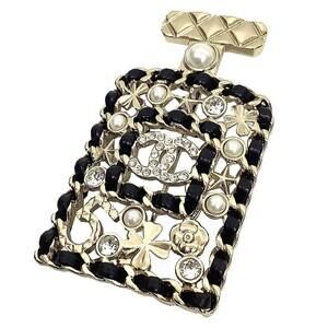 CHANEL Authentic Black Pearl Leather Logo Brooch